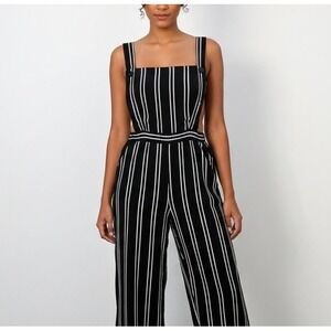 Black‎ White Stripe Overalls Jumpsuit Wide Leg Cropped Women's Fashion